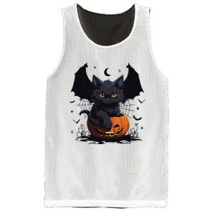 Cute Black Cat With Bat Wings Jack O Lantern Kitty Halloween Mesh Reversible Basketball Jersey Tank