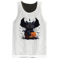 Cute Black Cat With Bat Wings Jack O Lantern Kitty Halloween Mesh Reversible Basketball Jersey Tank