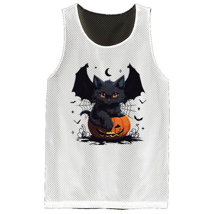 Cute Black Cat With Bat Wings Jack O Lantern Kitty Halloween Mesh Reversible Basketball Jersey Tank