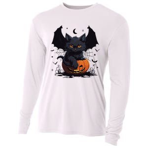 Cute Black Cat With Bat Wings Jack O Lantern Kitty Halloween Cooling Performance Long Sleeve Crew