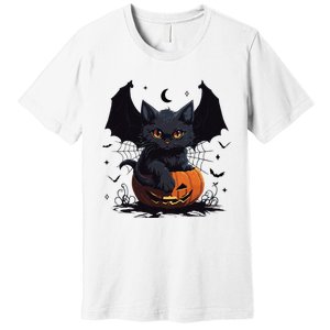 Cute Black Cat With Bat Wings Jack O Lantern Kitty Halloween Premium T-Shirt