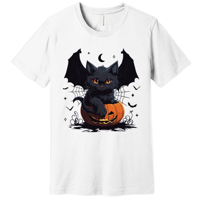 Cute Black Cat With Bat Wings Jack O Lantern Kitty Halloween Premium T-Shirt