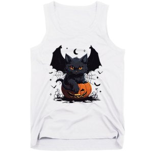 Cute Black Cat With Bat Wings Jack O Lantern Kitty Halloween Tank Top