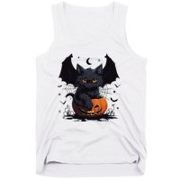 Cute Black Cat With Bat Wings Jack O Lantern Kitty Halloween Tank Top