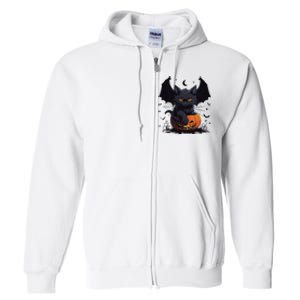 Cute Black Cat With Bat Wings Jack O Lantern Kitty Halloween Full Zip Hoodie