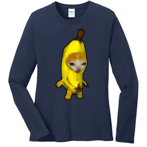 Cute Banana Cat Happy Bananacat Meme Kitty Cat Lovers Meme Ladies Long Sleeve Shirt