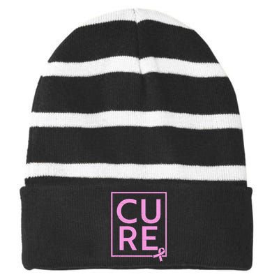 Cure Breast Cancer Awareness Pink Ribbon Striped Beanie with Solid Band