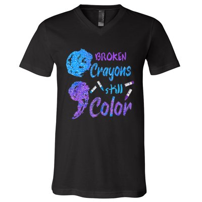 Cool Broken Crayons Still Color Suicide Prevention Awareness V-Neck T-Shirt