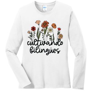 Cultivando Bilingues Dual Language Crew Bilingual Teacher Ladies Long Sleeve Shirt