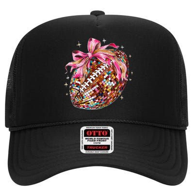 Coquette Bow Disco Funny Football Game Day Touchdown Season Gift High Crown Mesh Back Trucker Hat