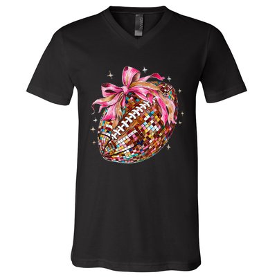 Coquette Bow Disco Funny Football Game Day Touchdown Season Gift V-Neck T-Shirt