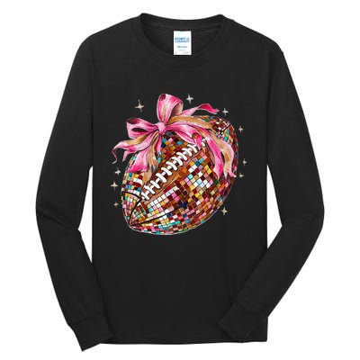 Coquette Bow Disco Funny Football Game Day Touchdown Season Gift Tall Long Sleeve T-Shirt