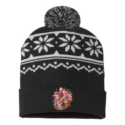 Coquette Bow Disco Funny Football Game Day Touchdown Season Gift USA-Made Snowflake Beanie