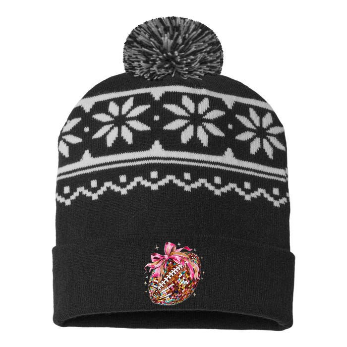 Coquette Bow Disco Funny Football Game Day Touchdown Season Gift USA-Made Snowflake Beanie