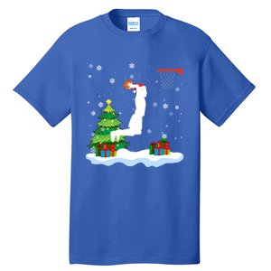 Christmas Basketball Dunk Santa Hat Snowflakes Tree Holiday Gift Tall T-Shirt