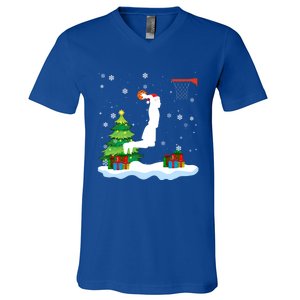 Christmas Basketball Dunk Santa Hat Snowflakes Tree Holiday Gift V-Neck T-Shirt