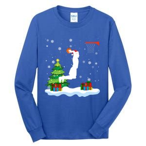 Christmas Basketball Dunk Santa Hat Snowflakes Tree Holiday Gift Tall Long Sleeve T-Shirt