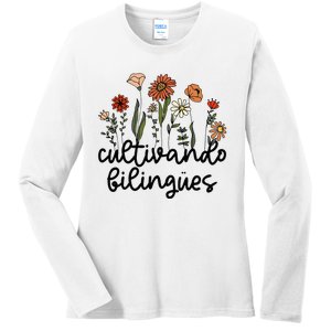 Cultivando Bilingues Dual Language Crew Bilingual Teacher Ladies Long Sleeve Shirt