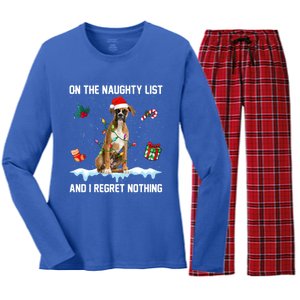 Christmas Boxer Dog Naughty List And I Regret Nothing Xmas Gift Women's Long Sleeve Flannel Pajama Set 