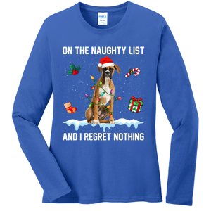 Christmas Boxer Dog Naughty List And I Regret Nothing Xmas Gift Ladies Long Sleeve Shirt