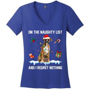 Christmas Boxer Dog Naughty List And I Regret Nothing Xmas Gift Women's V-Neck T-Shirt