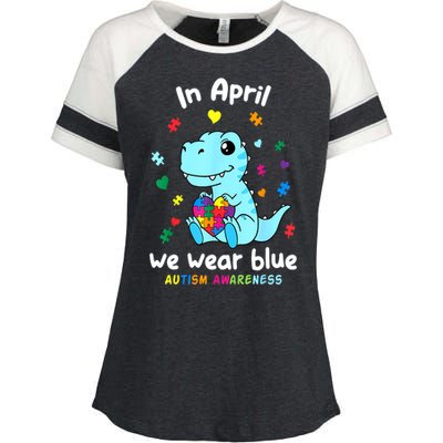 Cute Baby Dino Autism April We Wear Blue Autism Awareness Month Gift Enza Ladies Jersey Colorblock Tee