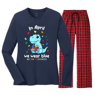 Cute Baby Dino Autism April We Wear Blue Autism Awareness Month Gift Women's Long Sleeve Flannel Pajama Set 