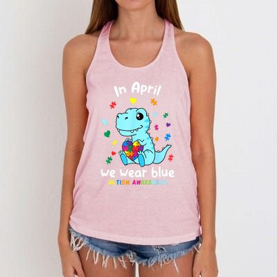 Cute Baby Dino Autism April We Wear Blue Autism Awareness Month Gift Women's Knotted Racerback Tank