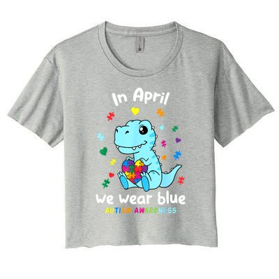 Cute Baby Dino Autism April We Wear Blue Autism Awareness Month Gift Women's Crop Top Tee