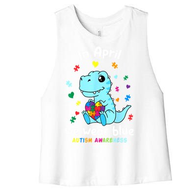 Cute Baby Dino Autism April We Wear Blue Autism Awareness Month Gift Women's Racerback Cropped Tank