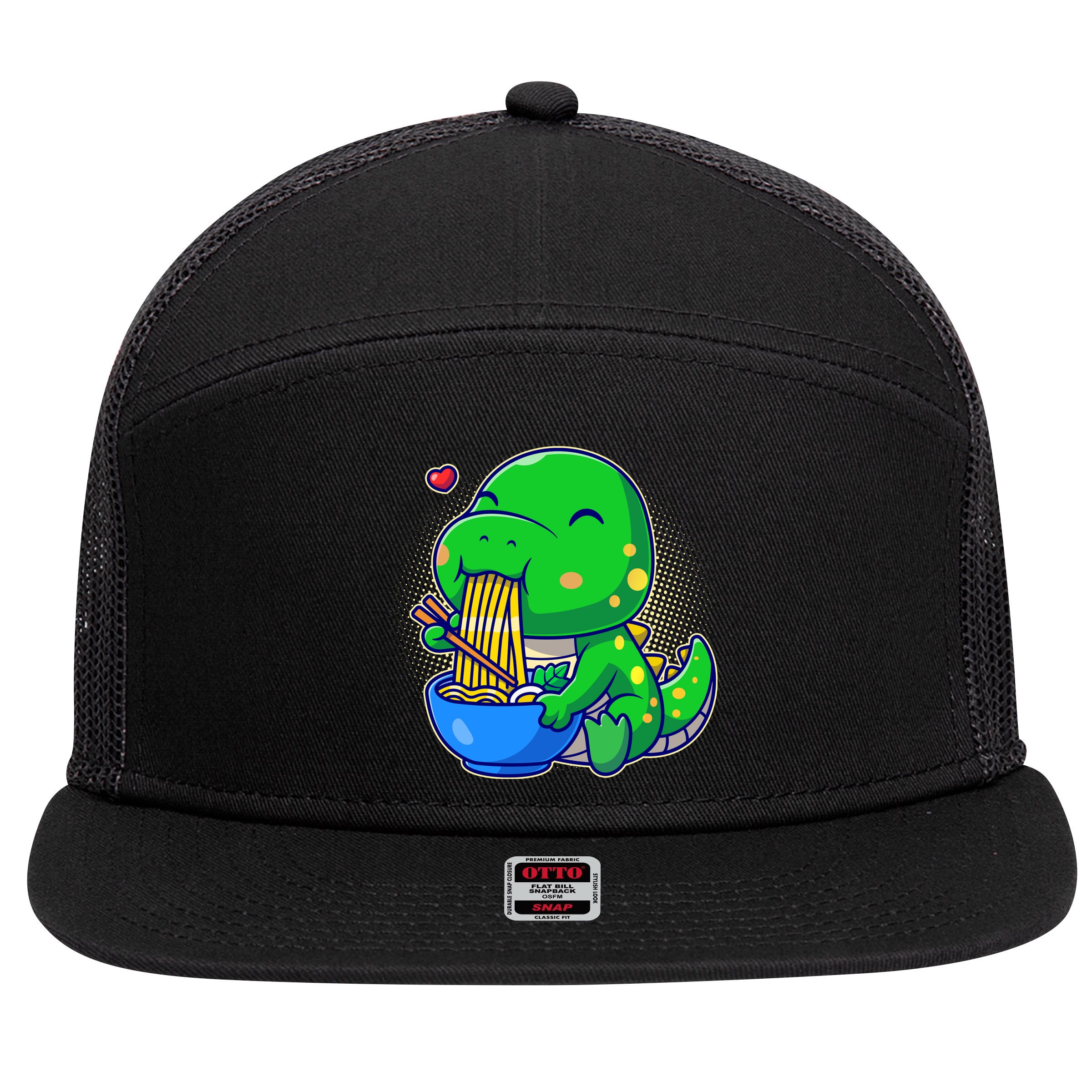 Cute Baby Dino Trex Eating Ramen Noodles 7 Panel Mesh Trucker Snapback Hat