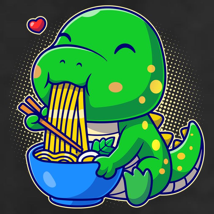 Cute Baby Dino Trex Eating Ramen Noodles 7 Panel Mesh Trucker Snapback Hat