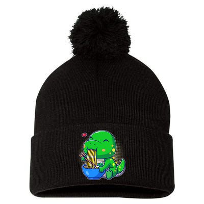 Cute Baby Dino Trex Eating Ramen Noodles Pom Pom 12in Knit Beanie