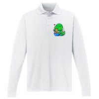 Cute Baby Dino Trex Eating Ramen Noodles Performance Long Sleeve Polo