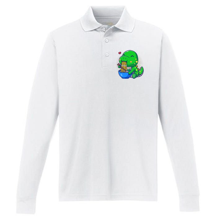 Cute Baby Dino Trex Eating Ramen Noodles Performance Long Sleeve Polo