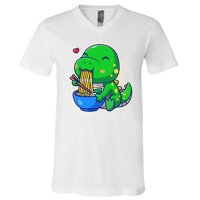 Cute Baby Dino Trex Eating Ramen Noodles V-Neck T-Shirt