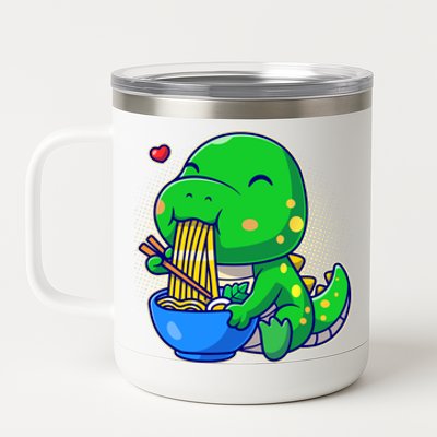 Cute Baby Dino Trex Eating Ramen Noodles 12 oz Stainless Steel Tumbler Cup