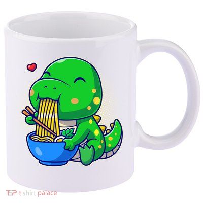 Cute Baby Dino Trex Eating Ramen Noodles 11oz C Handle Ceramic Mug