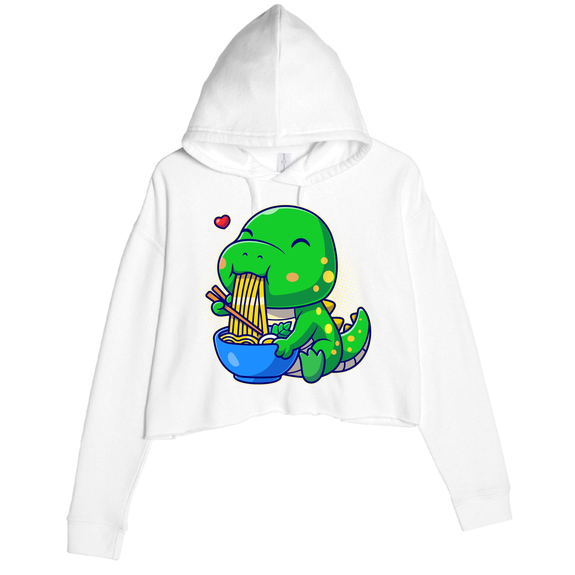 Cute Baby Dino Trex Eating Ramen Noodles Crop Fleece Hoodie