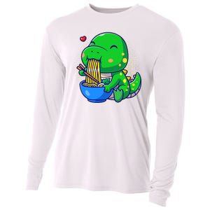 Cute Baby Dino Trex Eating Ramen Noodles Cooling Performance Long Sleeve Crew