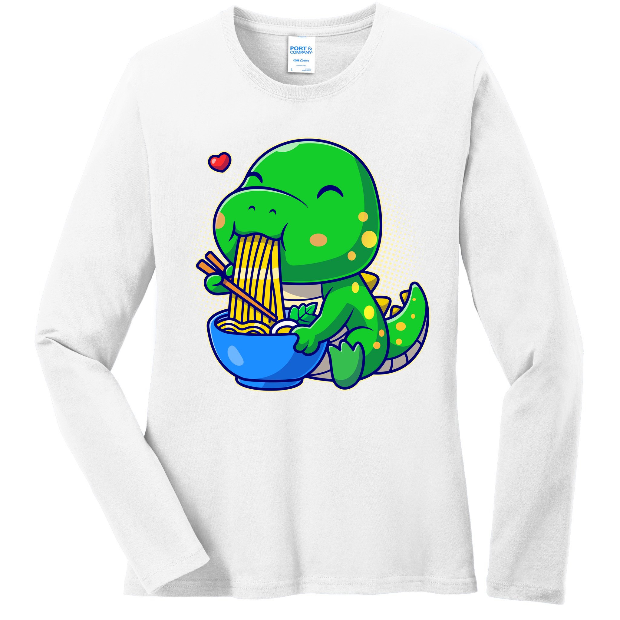Cute Baby Dino Trex Eating Ramen Noodles Ladies Long Sleeve Shirt