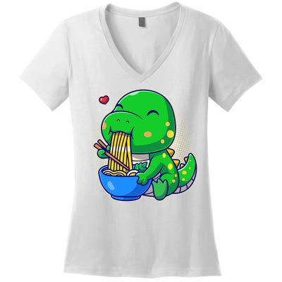Cute Baby Dino Trex Eating Ramen Noodles Women's V-Neck T-Shirt