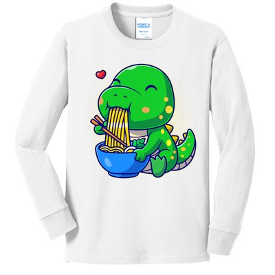 Cute Baby Dino Trex Eating Ramen Noodles Kids Long Sleeve Shirt