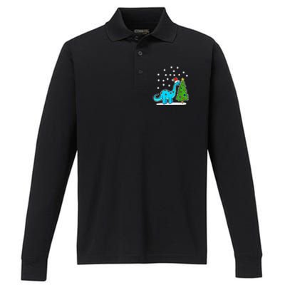 Christmas Brachiosaurus Dinosaur Eating A Christmas Tree Performance Long Sleeve Polo