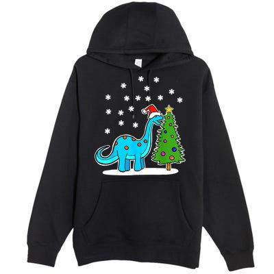 Christmas Brachiosaurus Dinosaur Eating A Christmas Tree Premium Pullover Hoodie