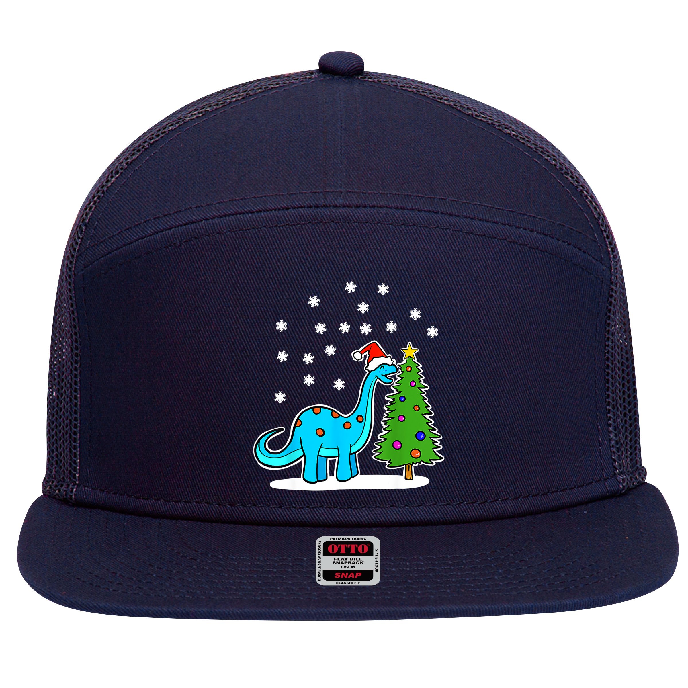 Christmas Brachiosaurus Dinosaur Eating A Christmas Tree 7 Panel Mesh Trucker Snapback Hat