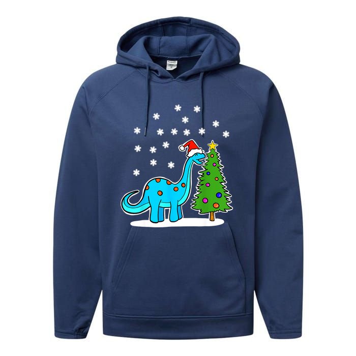 Christmas Brachiosaurus Dinosaur Eating A Christmas Tree Performance Fleece Hoodie