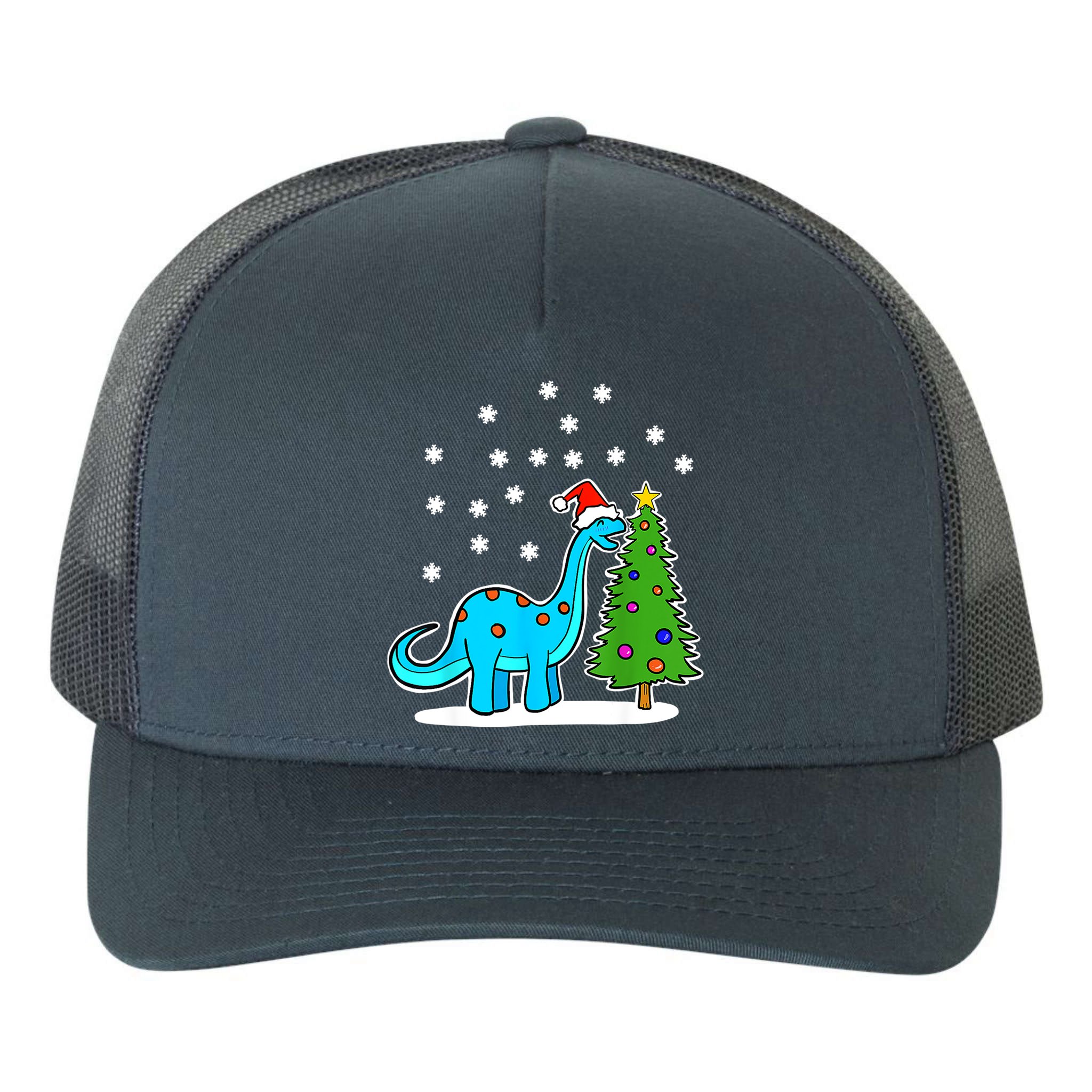Christmas Brachiosaurus Dinosaur Eating A Christmas Tree Yupoong Adult 5-Panel Trucker Hat