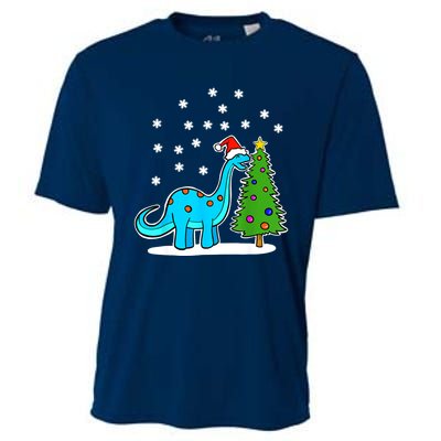 Christmas Brachiosaurus Dinosaur Eating A Christmas Tree Cooling Performance Crew T-Shirt