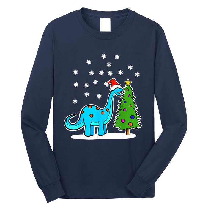 Christmas Brachiosaurus Dinosaur Eating A Christmas Tree Long Sleeve Shirt